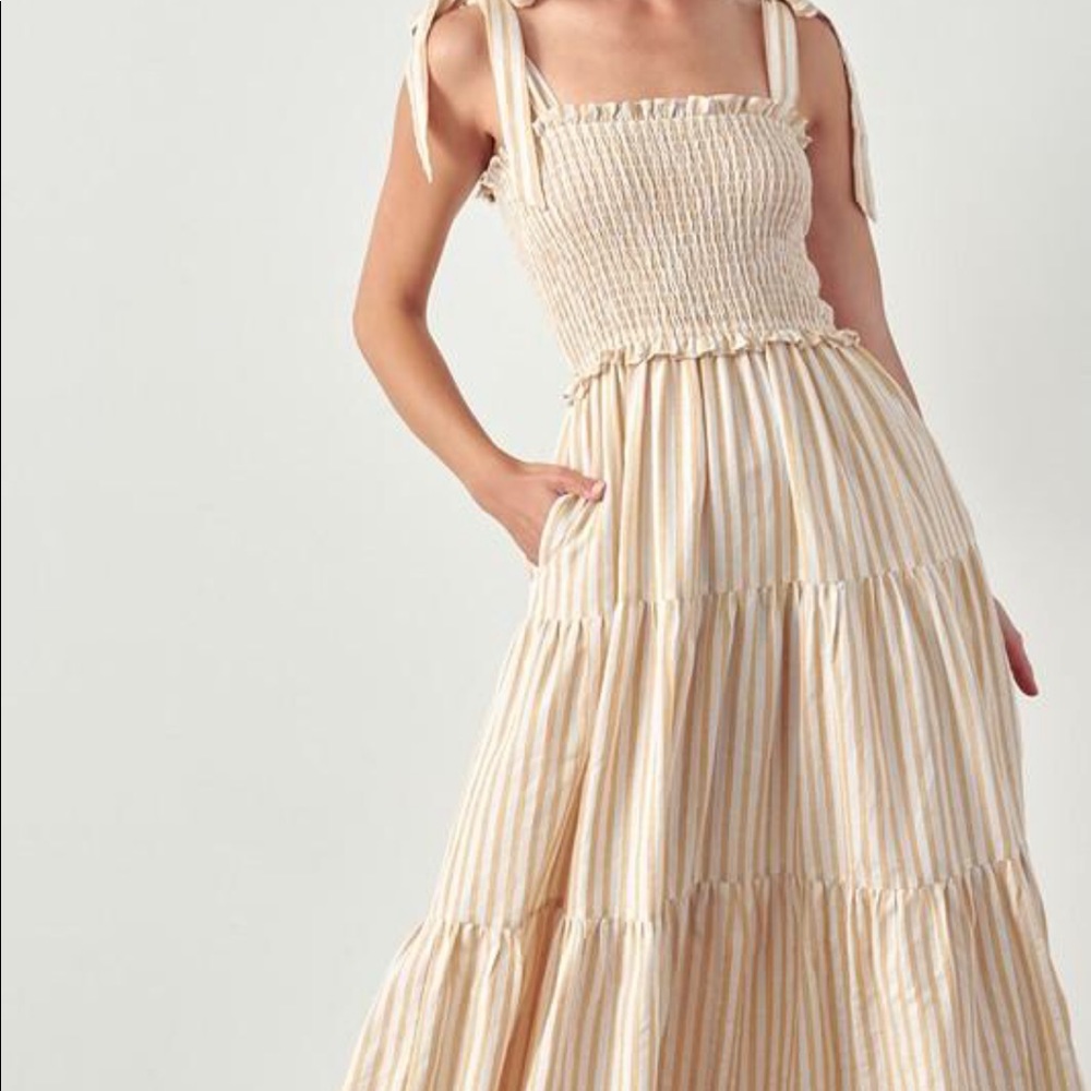 &Merci Taupe Stripe Tiered Maxi Dress - size L